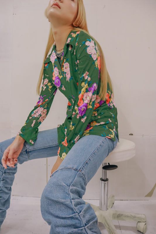 70's print polyester shirt/NV-［2511-066］